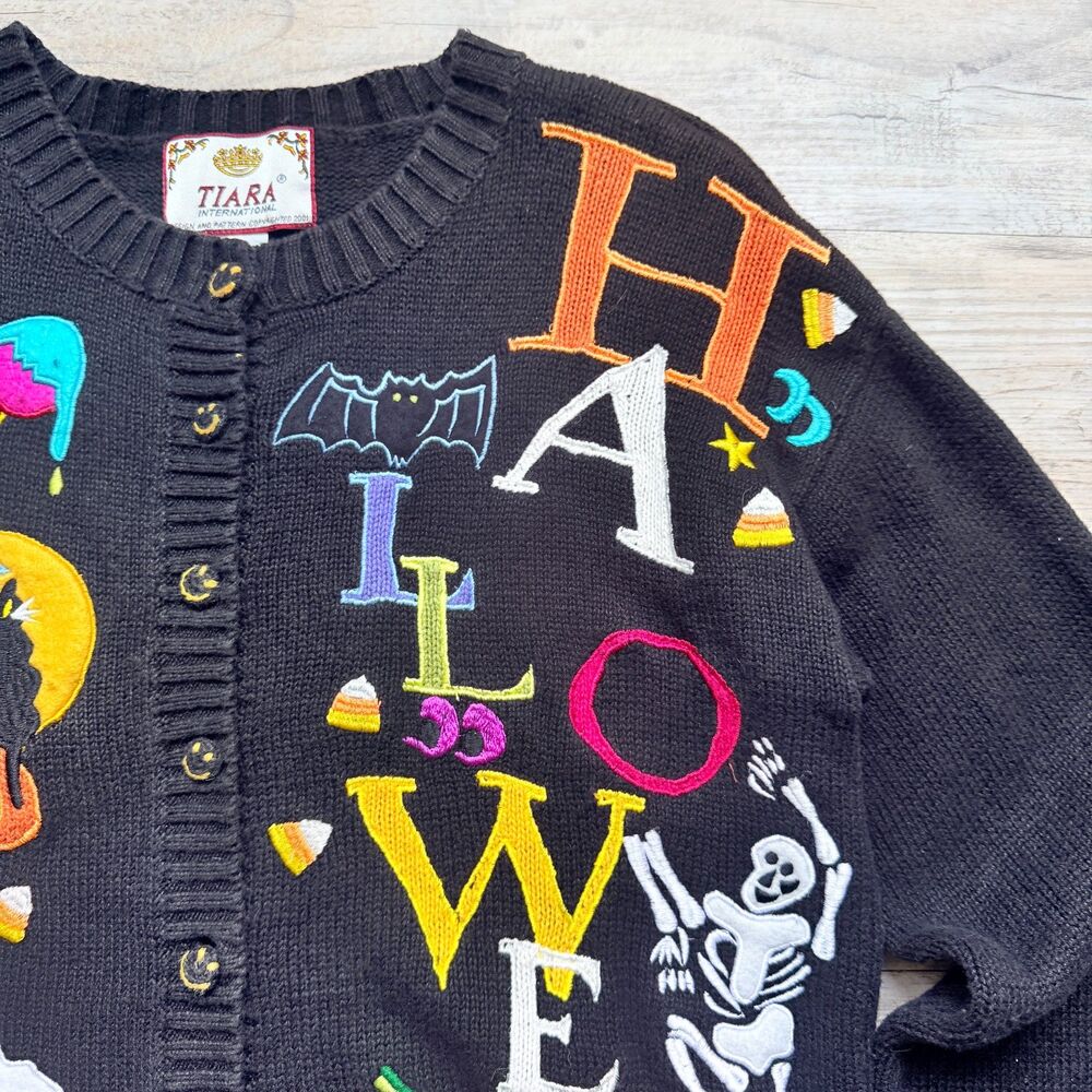 Vintage Halloween Sweater Cardigan Small 2001 Tiara International Ghost Pumpkin - Picture 11 of 13